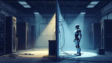 Realistic illustration outdated computer servers tangled wires dimly lit uk office modern ai robot symbolic wall