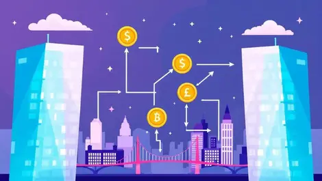Digital tokens flowing between financial skyscrapers london skyline