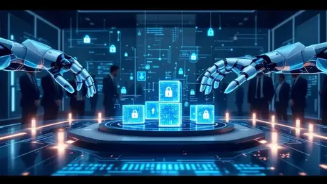 Ai robotic hands guiding secure corporate data cubes control