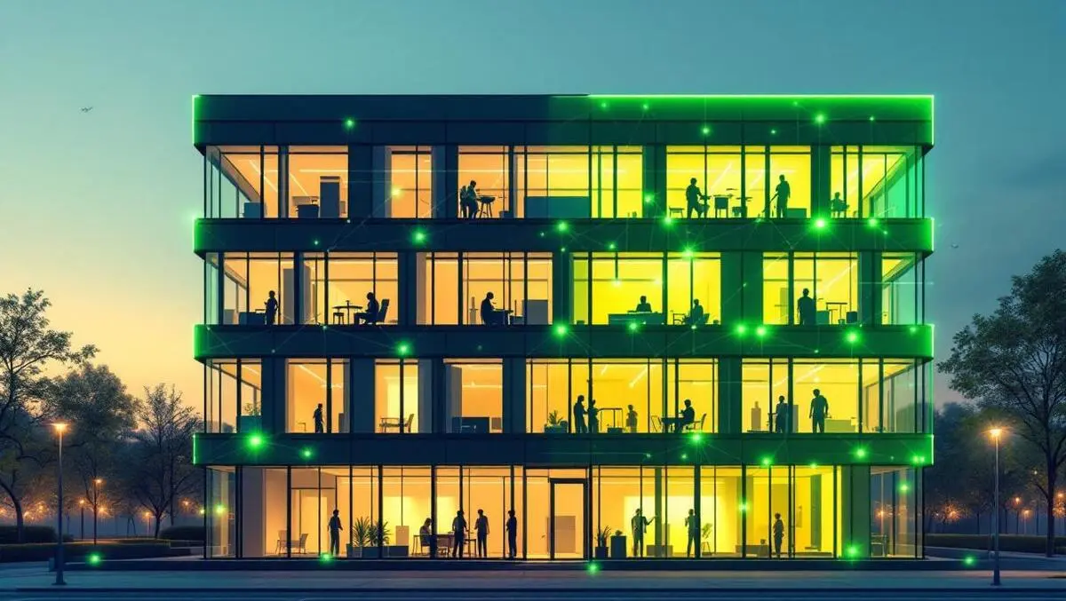 Modern french office green facade digital twins data flows dusk
