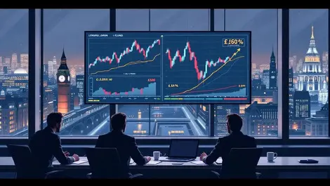 London boardroom overlooking city skyline currency charts daylight