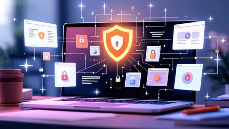 Laptop with secure browser windows and locks cybersecurity scene