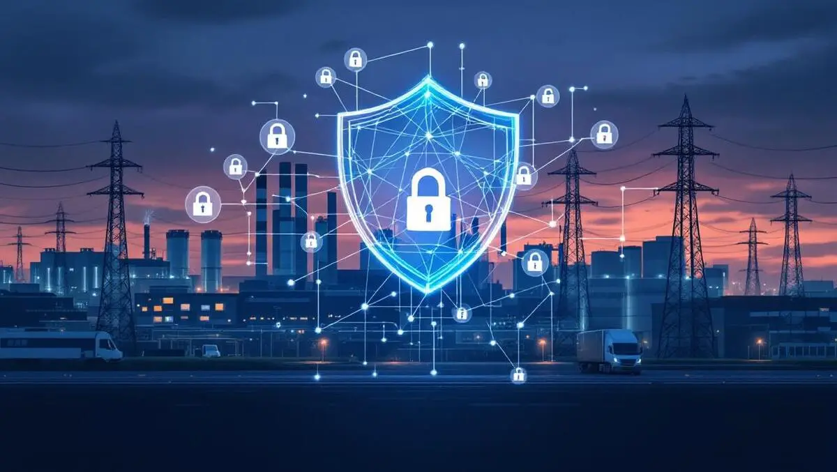 Uk industrial facility dusk ot security shield grid lock icons