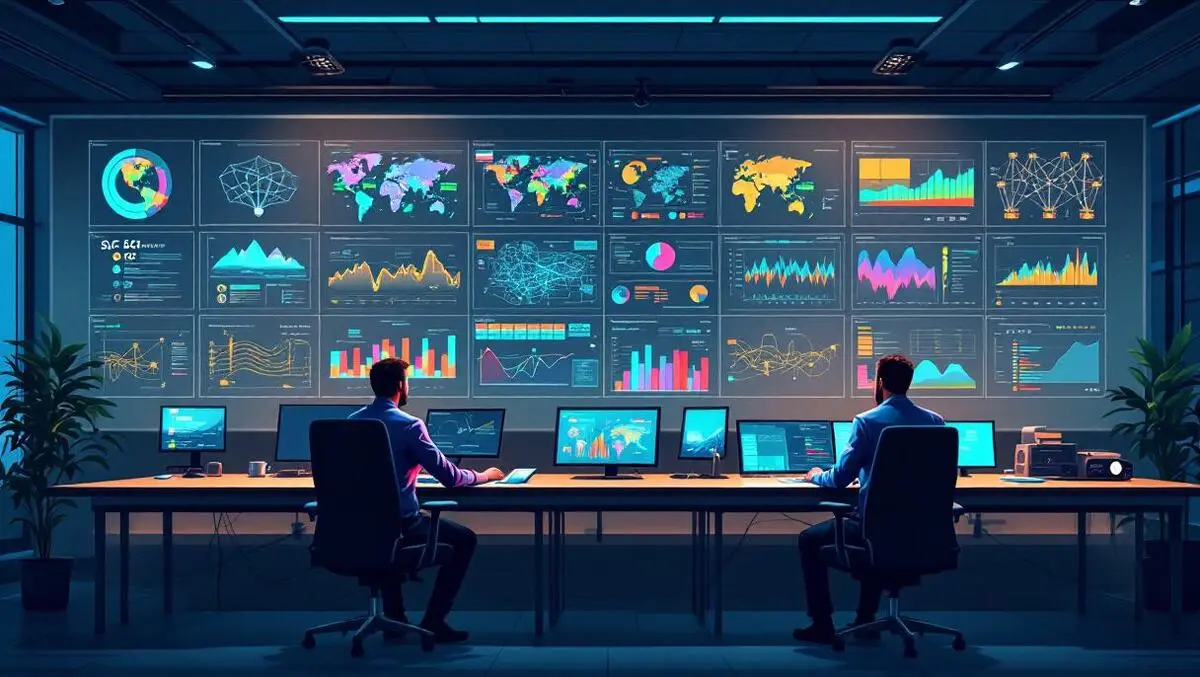 Modern telecom noc with engineers 5g antennas and network maps