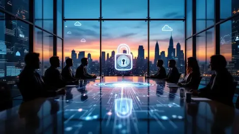 Australian boardroom cybersecurity hologram lock at dusk city