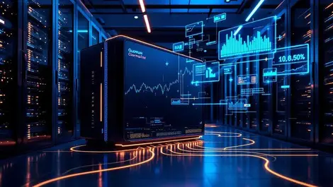 Quantum computer financial datacenter glowing cables graphs charts