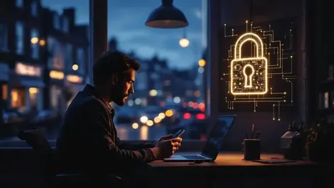 Uk high street office dusk security key mfa glowing padlock scene