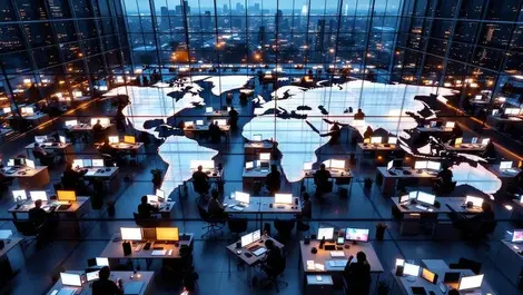 Glass office dusk aerial glowing screens world map ai adoption