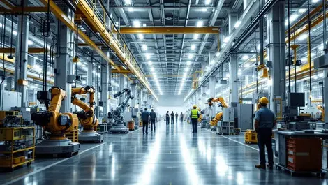 Modern us factory robotic arms workers 5g connected automation