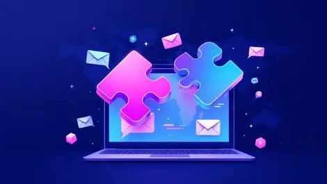 Interlocking puzzle pieces over laptop global saas communication