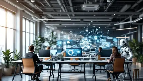 Modern open plan office automated workflows robots natural light