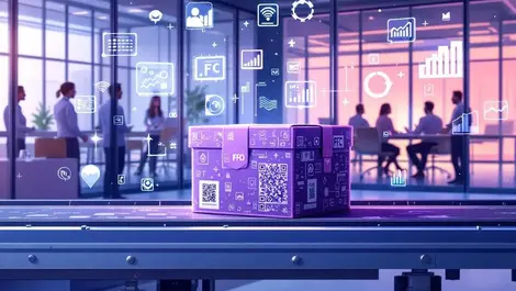 Smart packaging box conveyor qr nfc data analytics boardroom view