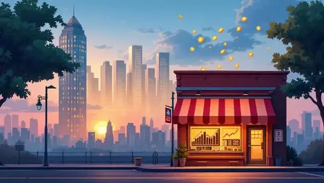 Fintech capital flow into small main street shop at dusk scene