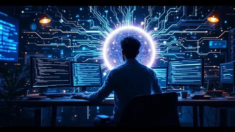 Cinematic ai code security engineer shielded by glowing sphere