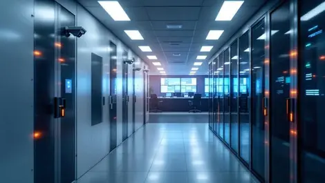European data center corridor secure doors cloud lit ceiling view