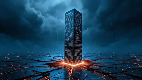 Fragile ai finance tower on cracked circuit board with stormy sky