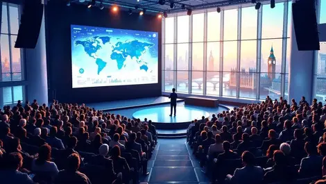 London qeii tech conference auditorium ai data visualization view