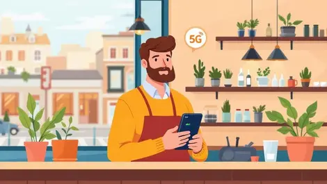 Uk small business owner shop smartphone strong 5g signal city view