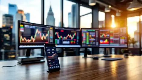 Modern london fintech office skyline monitors low fee trading app