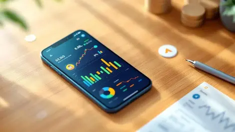 Minimalist phone on wooden desk ai investing secure charts
