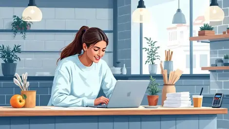 Uk small business owner cafe paying card reviewing expenses laptop