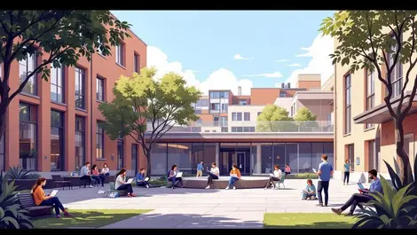Uk university campus courtyard digital learning hub students flat