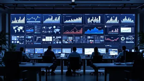 Uk corporate it operations room with wall screens and staff monitoring