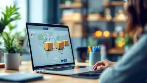 Parcel delivery tracking map on laptop faster booking office scene