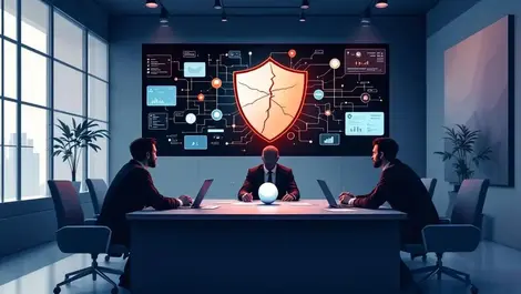 Modern boardroom cybersecurity ai orb cracked shield network map
