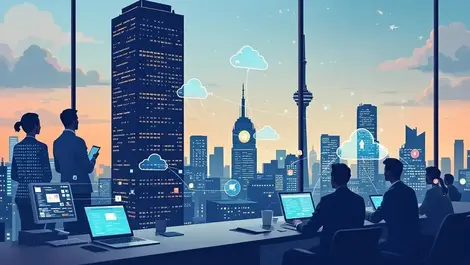 Uk office tower cloud data streams ai privacy risk illustration