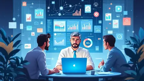 Cautious meeting ecommerce team office laptop budget charts digital illustration