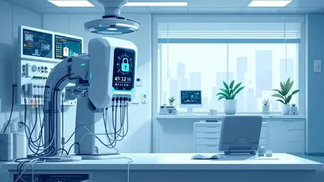 Cybersecurity strain ai medical device hospital control room network cables detailed digital illustration
