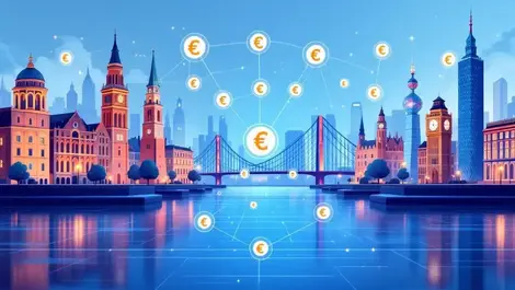 Digital banking network european city landmarks online bank card digital illustration