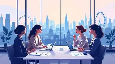 Focused senior female finance leaders london boardroom laptops charts modern digital illustration