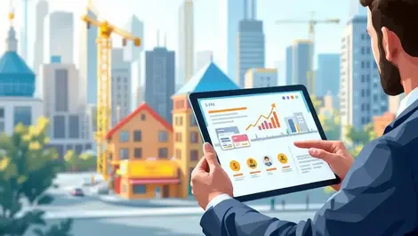 Modern real estate developer reviewing site plan funding cards