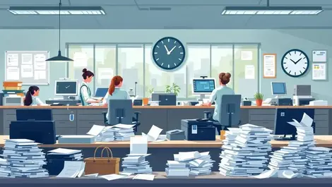 Overworked staff nhs office paper printer jammed digital illustration